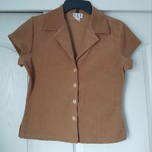 VGUC "CLE" Camel imitation suede button down blouse with cap sleeves: size M